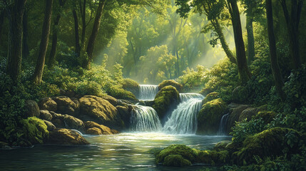 Hyperrealistic photograph of a serene woodland stream flowing over mossy stones, surrounded by towering trees and lush green foliage.