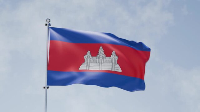 3d animation of waving flag and cloudy sky, national flag of Cambodia, Khmer, HD, 4k