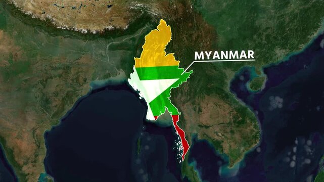 Zoom from Earth to Myanmar. (Country Flag) World map animation with highlighted country borders. Satellite 3d world map animation highlights aerial views, tourism, and travel. 4k