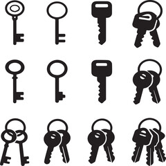 Set of black key icons including vintage keys, modern house keys, and keyring illustrations in flat silhouette style for security, access, and lock design concepts