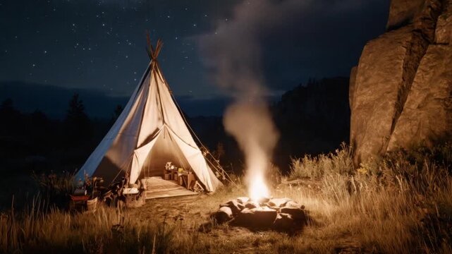 Starlit campsite under a teepee