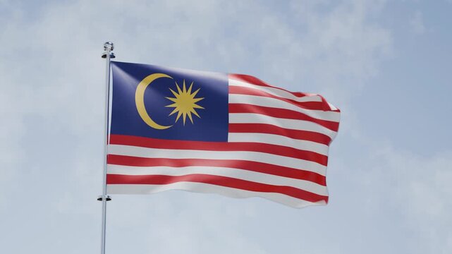 3d animation of waving flag and cloudy sky, national flag of Malaysia, Malay, HD, 4k