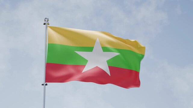 3d animation of waving flag and cloudy sky, national flag of Myanmar, Burma, HD, 4k