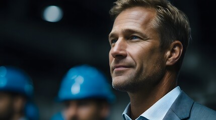 CEO addressing factory workers during a site visit with professional lighting