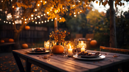 A peaceful Thanksgiving table set outdoors under a canopy of autumn trees with candles and pumpkin decorations.