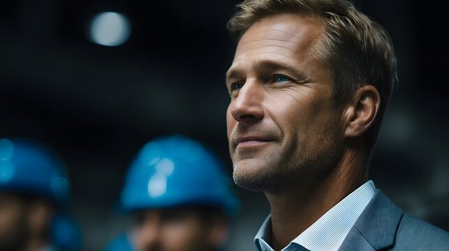 CEO addressing factory workers during a site visit with professional lighting