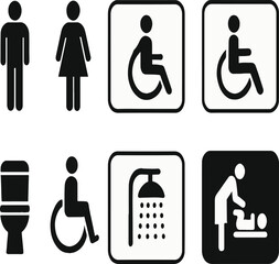 Public facility icons set featuring male, female, wheelchair access, toilet, shower, and baby changing symbols in clean black pictogram style for signage