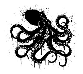 Black Octopus with Eight Tentacles Abstract Drip Splat Art Black and White Design Graphic Artwork