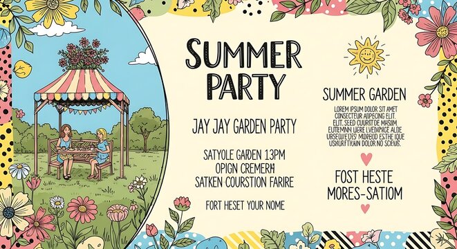 Charming Hand-Drawn Illustration of a Summer Garden Party with Floral Elements