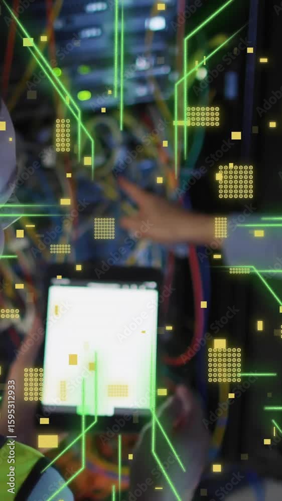 Aufkleber animation of circuit board and data processing over diverse it engineers by computer servers