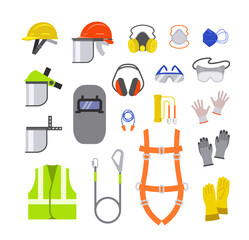 Simple flat icons of personal protective equipment used in construction, industrial, or hazardous work. Safety helmet, face shield, dust mask, safety glasses, earmuffs, safety harness, work gloves