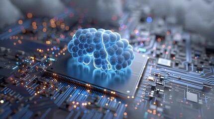 A digital brain on a circuit board.  Glow of technology - Powered by Adobe