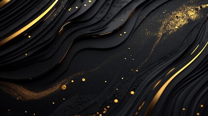Bold black and gold abstract design featuring dynamic wavy lines and scattered gold particles