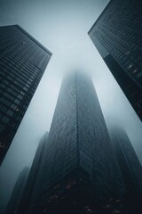 Cloud-covered tops of skyscrapers in dense downtown area conveying urban isolation, verticality, and cold architectural mood