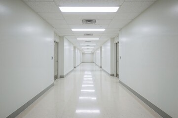 Hospital hallway with symmetrical layout and closed doors symbolizing privacy, calm, and support within a medical facility