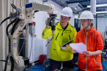 Team members collaborate in a robotics lab, focusing on automated systems and technology training...