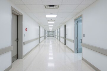 Obraz premium Perspective view of hospital corridor with patient rooms and bright lighting, ideal for visuals relating to healthcare and recovery