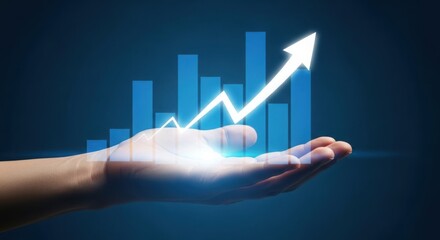 Hand holding a glowing upward trending financial growth chart