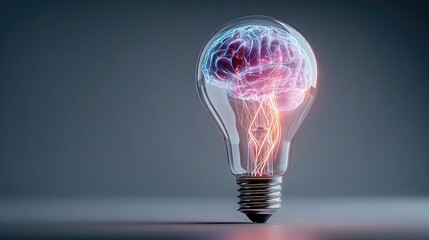 Transparent light bulb glows with neon wires forming digital brain, symbolizing AI-powered creative thinking, innovation, and futuristic ideas in artificial intelligence and design.
