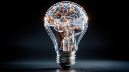 Transparent light bulb glows with neon wires forming digital brain, symbolizing AI-powered creative thinking, innovation, and futuristic ideas in artificial intelligence and design.