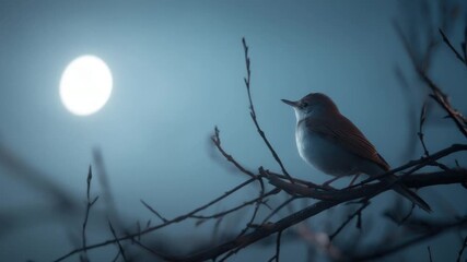 A small bird perched on a branch at night under a full moon