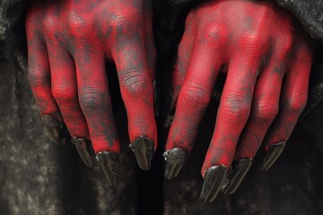 Eerie Crimson Devil Hands with Dark Nails - A Terrifying Body Art Interpretation
