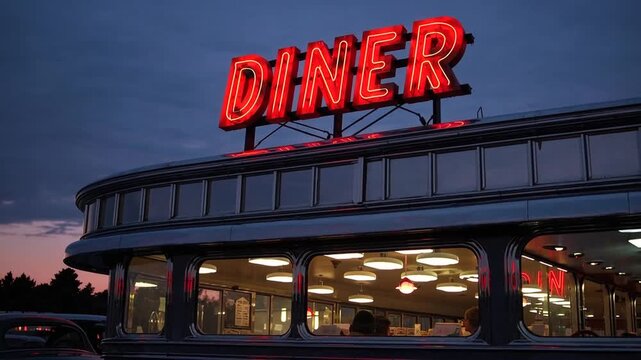 retro 1950s-style diner sign glowing in bright red neon and chrome