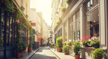 Charming Parisian Street Scene with Cobblestone and Floral Decor, sunlit buildings evoke a sense © Dilan