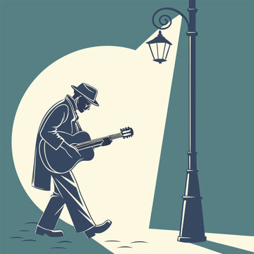 Abstract silhouette of a bluesman with guitar under a moonlit streetlamp vintage concert poster aesthetic