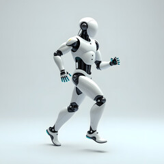 Fototapeta premium Modern White Robot Running Futuristic Minimalist Studio Shot; Clean Design, Dynamic Pose.