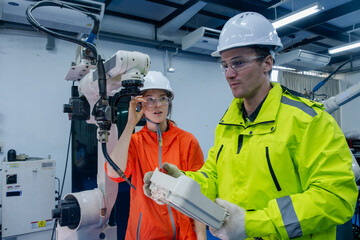 Engineers collaborate to optimize robotic systems in a modern manufacturing facility during daytime...