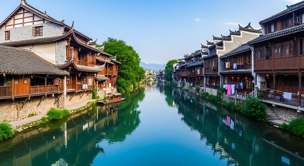 Naklejka premium Charming Riverside Scenery in Zhouzhuang Ancient Town with Traditional Architecture and Serene
