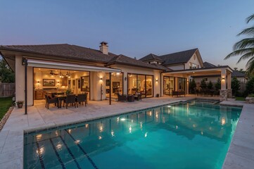 Fototapeta premium Wide-angle view of stylish modern home with pool, outdoor furniture, and minimalistic lines perfect for lifestyle brands or home decor themes