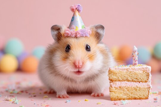 Hamster Party: Festive Hamster in Party Hat Celebrating with Birthday Cake Against a Pastel Background