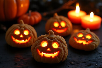 Illuminated Jack O Lantern Cookies with Glowing Faces and Lit Candles on a Dark Surface Halloween Theme