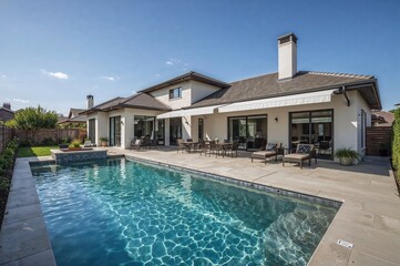 Contemporary house exterior with elegant patio, clear water pool, and outdoor furniture for luxury living and home improvement content