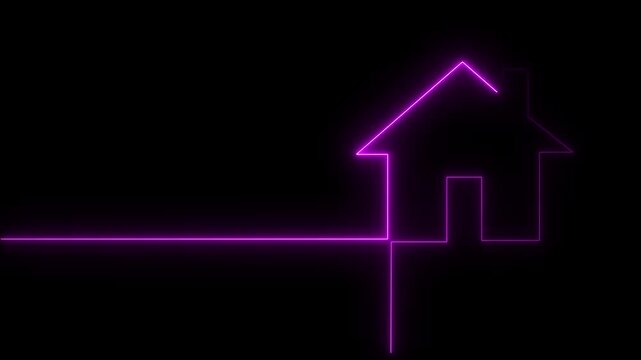 Glowing neon home icon animation. house building property apartment animated. illuminated on dark background.