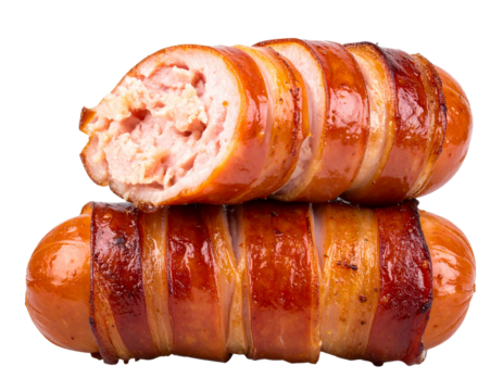  Stacked Bacon Wrapped Sausages with Bite Taken, Front Angle View, Isolated PNG
