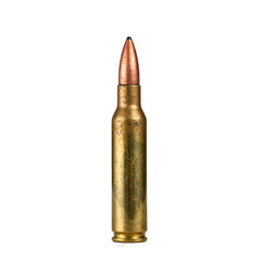 Macro shot of a shiny large caliber bullet showcasing intricate grooves and polished brass finish Ideal for gun and ammunition concepts