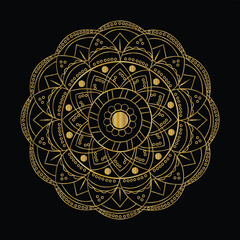 Intricate golden mandala design on a black background