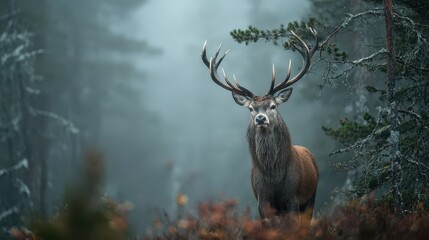 Naklejka premium Majestic Stag in Misty Forest: A Red Deer Amidst the Tranquil Foggy Wilderness