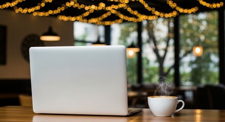 A laptop and coffee cup rest on a wooden table in a cafe setting.