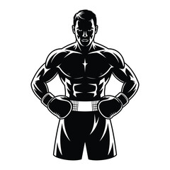 Muscular boxer standing confidently with gloves on, black and white silhouette vector illustration