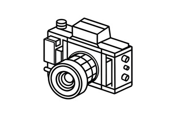 Isometric Camera Outline Illustration Black and White Line Art Modern Minimalist Design Photography Equipment Vector Graphic Isolated on White Background Professional Photography Tool