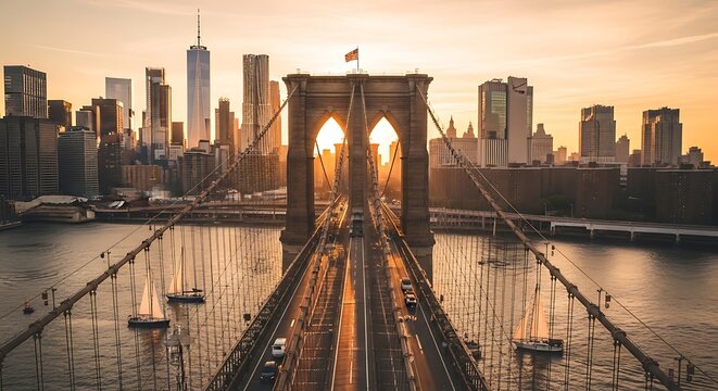 Brooklyn Bridge at Golden Hour: Iconic New York City Skyline and Sailboats Over the River - Powered by Adobe