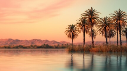 Obraz premium Blurred desert oasis background, palm trees, water