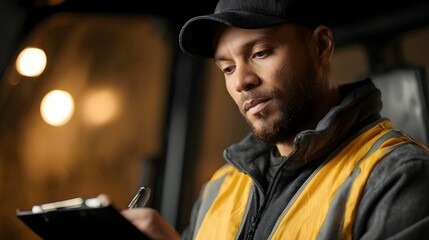 Worker writing in logbook on forklift dashboard
