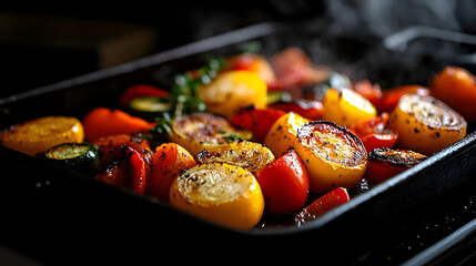 A roasted vegetable medley with carrots, zucchini, and bell peppers, perfectly caramelized.