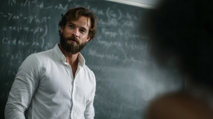 A teacher gives a lesson on the compound interest formula in a math class  long title A focused bearded male teacher standing in front of a