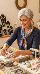 Fototapeta premium Small business owner arranges elegant jewelry display in a cozy boutique to attract customers